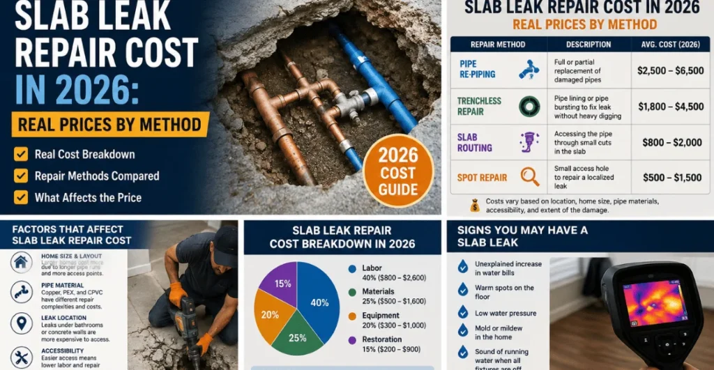 Slab Leak Repair Cost in 2026: Average Prices, Repair Methods, Damage Levels, and Cost Factors